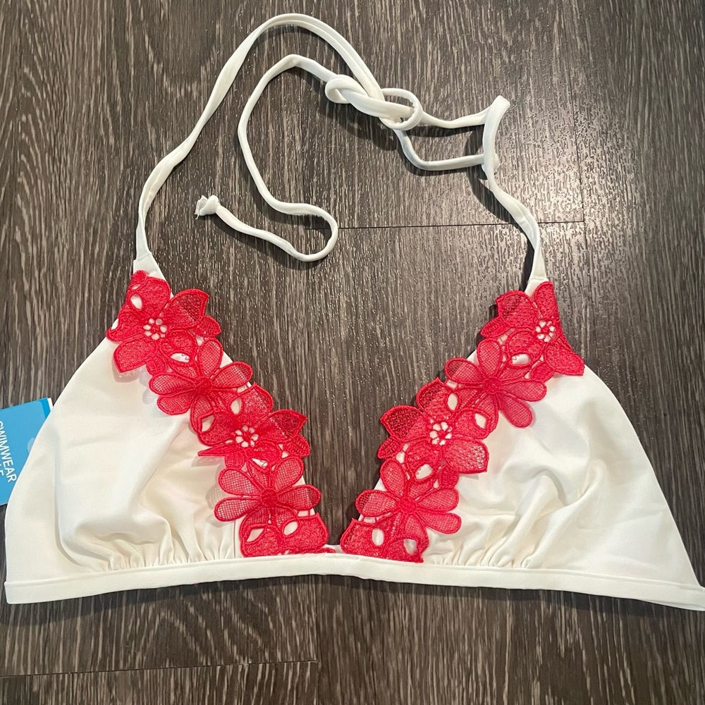 NWT H&M Red Floral Lace Applique Cream Triangle Bikini Top